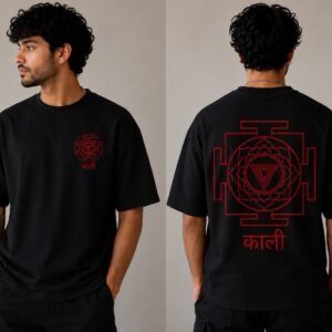 Black oversized T-shirt with crimson Kali yantra artwork, front and back