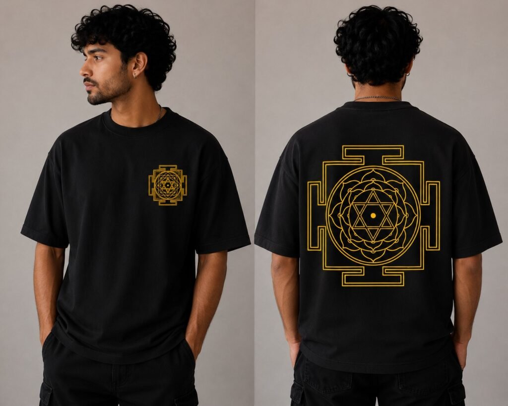 Black oversized T-shirt with gold yantra artwork, front and back