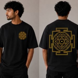 Black oversized T-shirt with gold yantra artwork, front and back