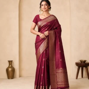 Wine saree styled with an Xecute saree shaper
