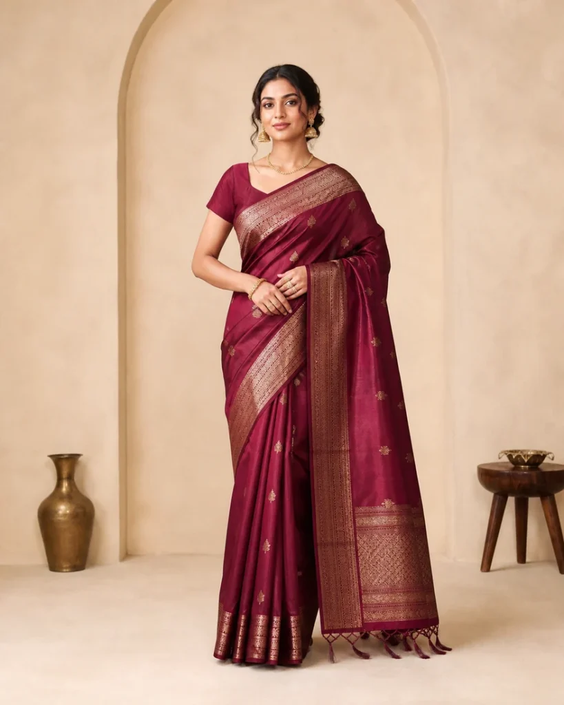 Wine saree styled with an Xecute saree shaper