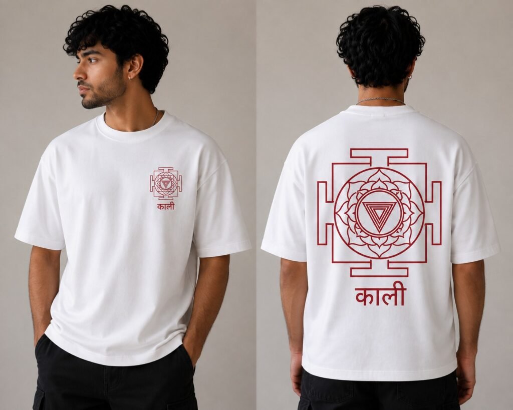White oversized T-shirt with crimson Kali yantra artwork, front and back