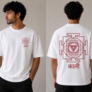 White oversized T-shirt with crimson Kali yantra artwork, front and back