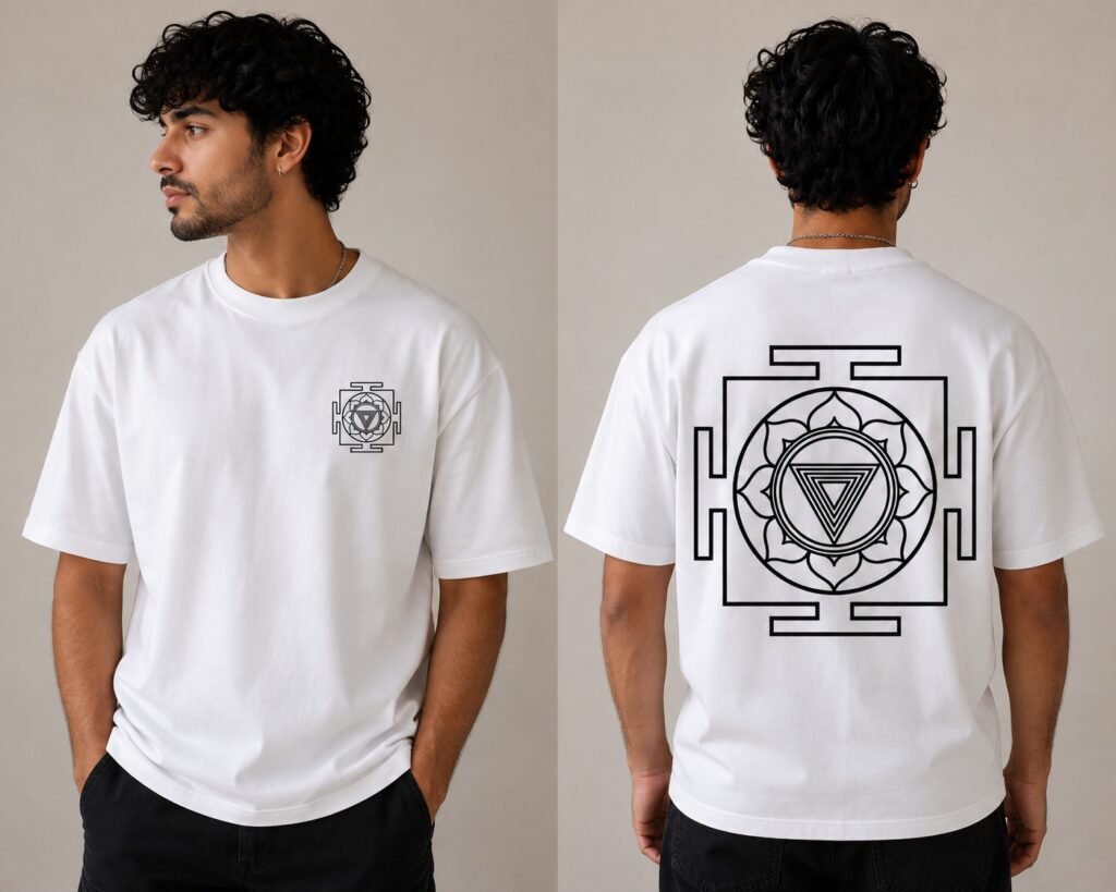 White oversized T-shirt with black Kali yantra artwork, front and back