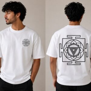 White oversized T-shirt with black Kali yantra artwork, front and back