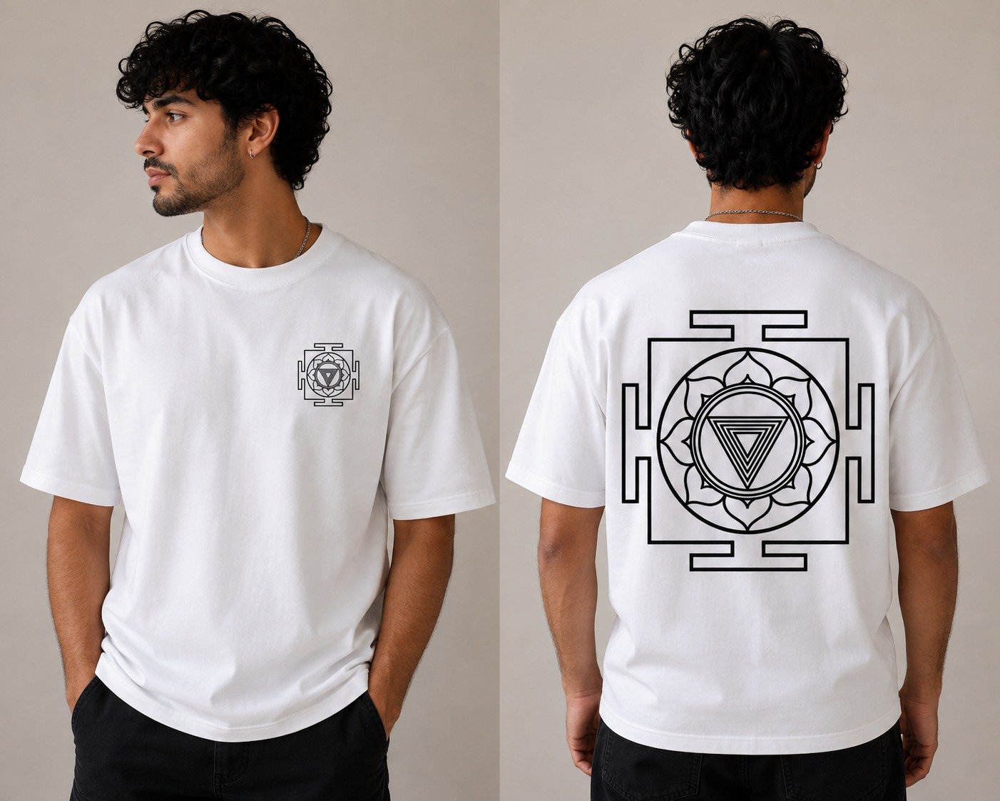 White oversized T-shirt with black Kali yantra artwork, front and back